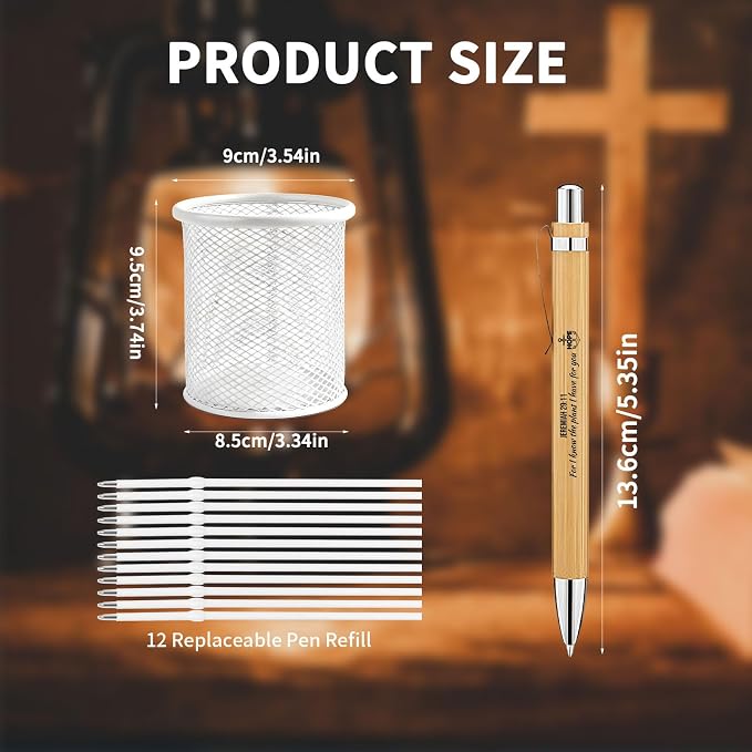 Bible Verse Pens 25 Pcs with 12 Christian Pens & 12 Refills & 1 White Pen Holder Bamboo Retractable Ballpoint Pens Inspirational Quote Pen Religious Gifts for Men Women