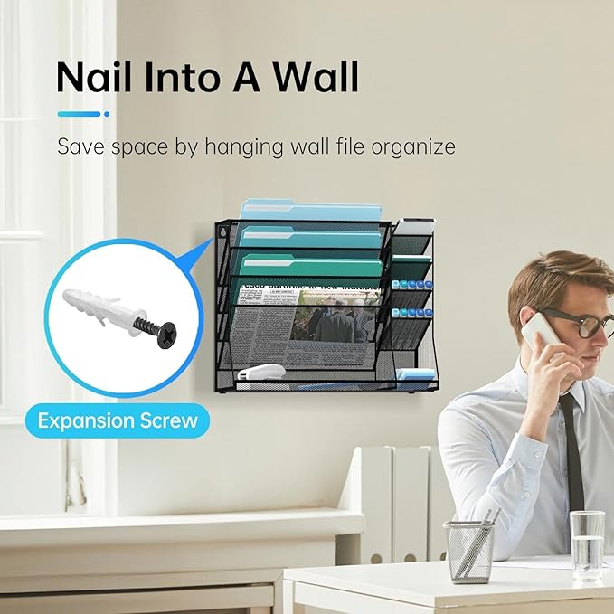 Wall File Organizer, 5-Tier Wall Organizer for Office with 4 Pen Slots, Vertical Hanging File Folder Holder with R-shaped Bottom Tray, Mesh Mail Holder Desk Organization for Workspace, Black