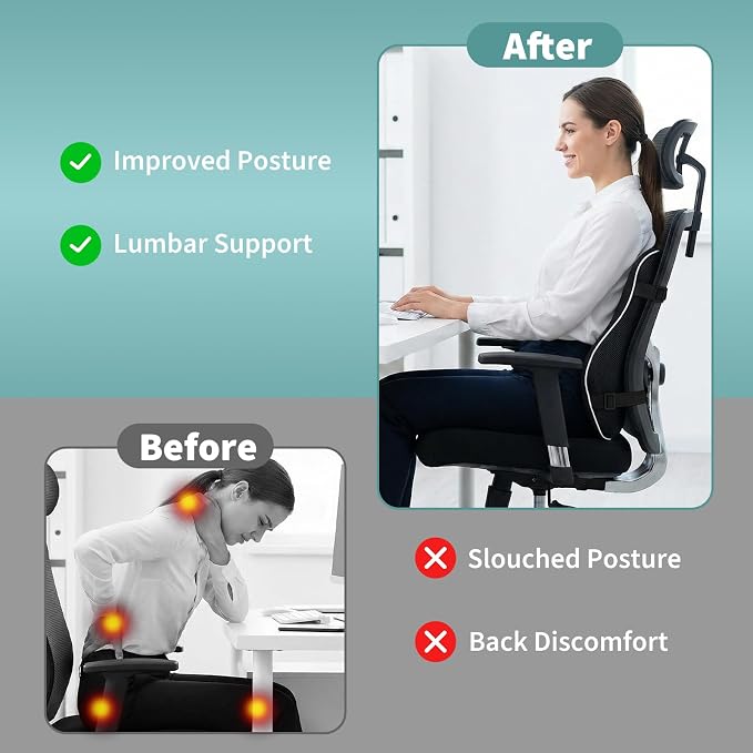 Lumbar Support Pillow for Office Chair, Back Support Pillow for Chair, Ergonomic Memory Foam Back Support Cushion, with Breathable and Washable Ventilated Mesh Cover, Ideal for Office Chairs