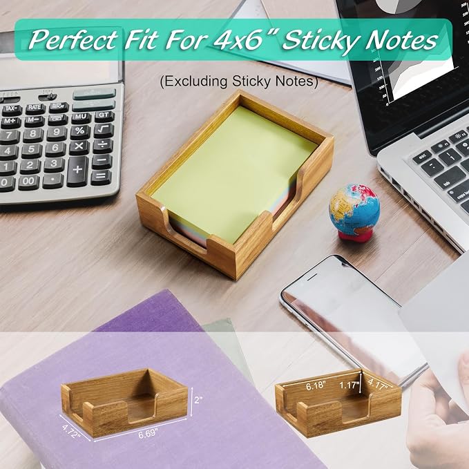 Bivvclaz Acacia Wood Sticky Note Holder, 4 x 6 Inch Notepad Holder Dispenser with Dual Openings, Self Stick Note Pad Holder, Memo Pad Holder Dispenser Organizer for School Office Desk Supplies