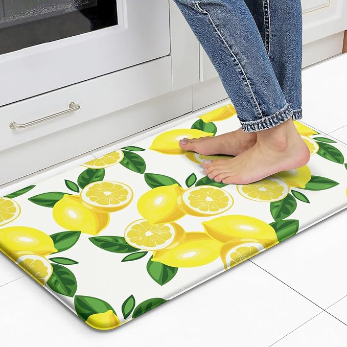 Lemon Kitchen Decor Kitchen Mat, Cushioned Anti Fatigue, Non-Slip | Bright Lemon Pattern,Yellow docor,Cushioned Comfort,Non-Slip Backing,Waterproof Surface,Easy Clean,Kitchen Sink,Laundry