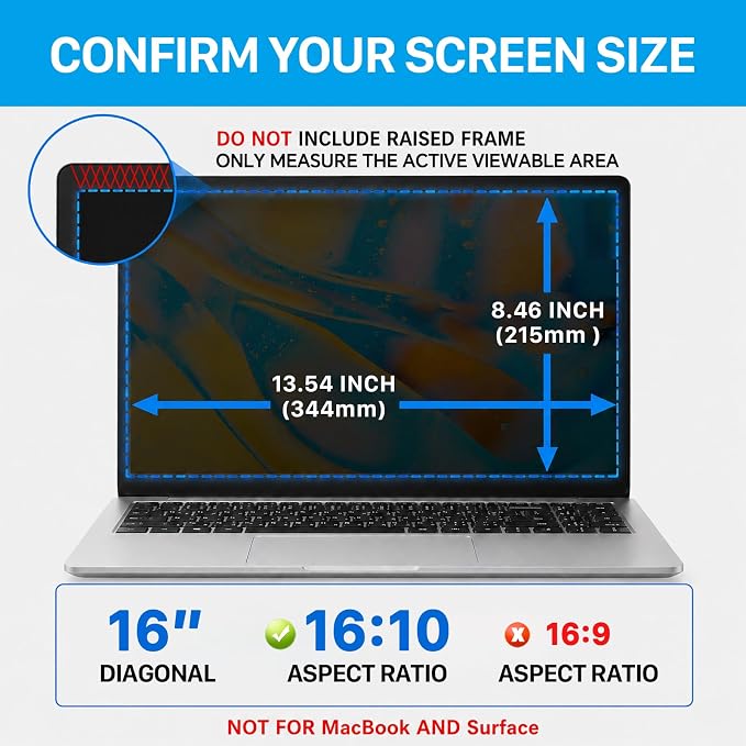 STARY 4-way 360°Laptop Privacy Screen Filter 16 Inch 16:10 Ratio(1920x1200), Anti Glare & Blue Light Filter, Removable Privacy Screen Protector for Laptop Monitor, Compatible with HP Dell Acer Lenovo Samsung ASUS Toshiba