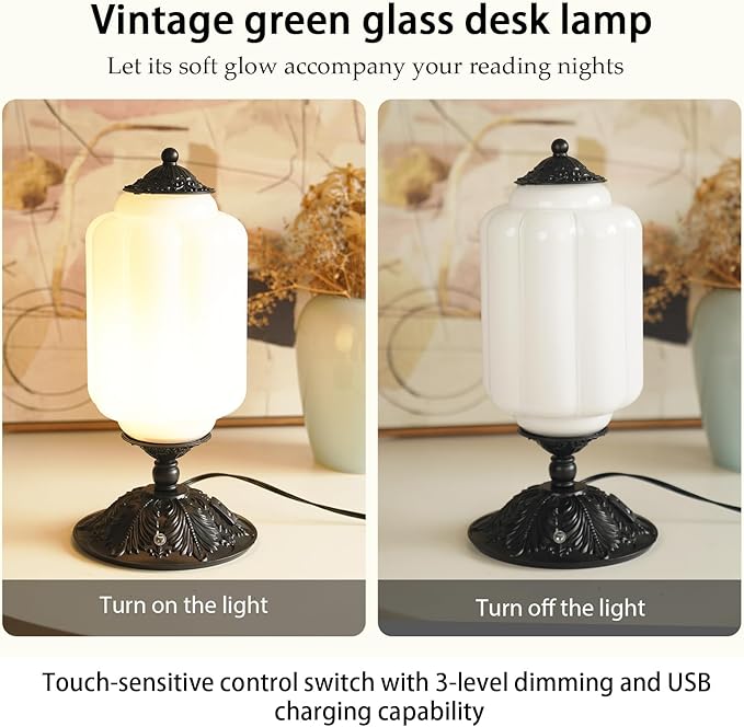 Vintage Touch Bedside Table Lamp, Elegant Green Glass Bedside Desk Lamp 3 Way Dimmable with USB C+A Charging Ports - Bedroom Nightstand & Living Room Essential (White, 6.5)