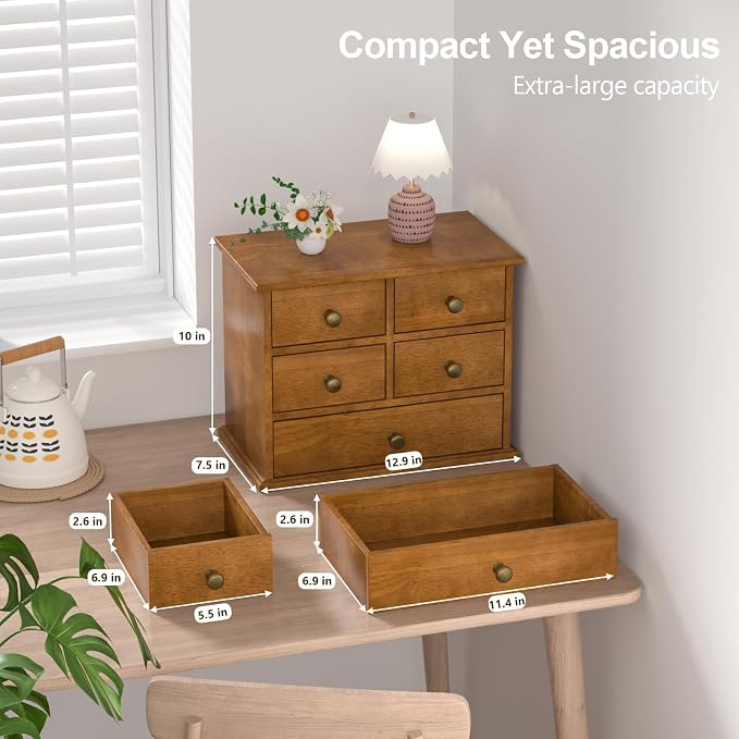 Oak Desk Organizer with Drawers, Durable Wooden Desktop Storage Box | 5 Drawer Tabletop Organizer with Metal Handles & Non-Slip Pads for Office, Bedroom, Bathroom, Vanity & Makeup Storage, Walnut