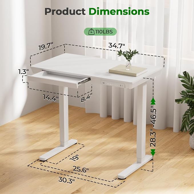 Electric Standing Desk with Drawer, 35" x 20" Whole Piece Tabletop Small Sit Stand Desk, Height Adjustable Desk with Storage & USB Ports, Quick Install Home Office Computer Desk, White