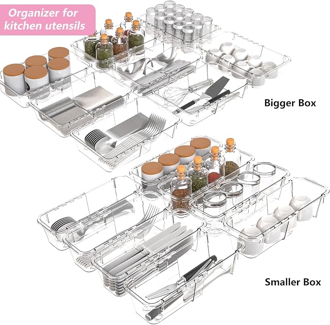 15 Pcs Adjustable Clear Drawer Organizer, 2 Size Plastic Extendable Desk Drawer Organizer Trays,Expandable Storage Bins for Bathroom Vanity Kitchen Organization and Storage,Makeup, Jewelry, Gadgets