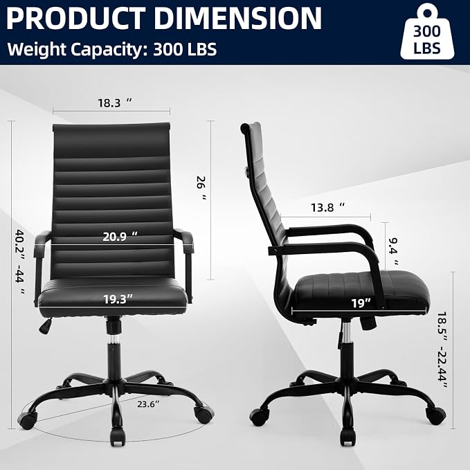Office Chair, Ergonomic Executive Conference Room Chairs, Ribbed Leather Desk Chair with Lumbar Support, Adjustable Height Mid-Back Swivel Chair with Padded Seat