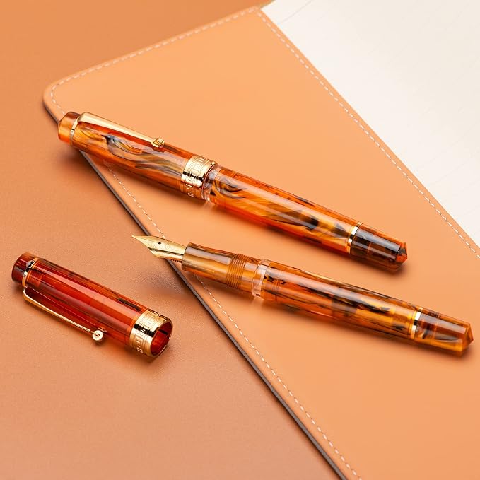 Asvine P20 Amber Fountain Pen Piston Filling, Gold Plated Fine Point Smooth Writer with Pen Gift Case