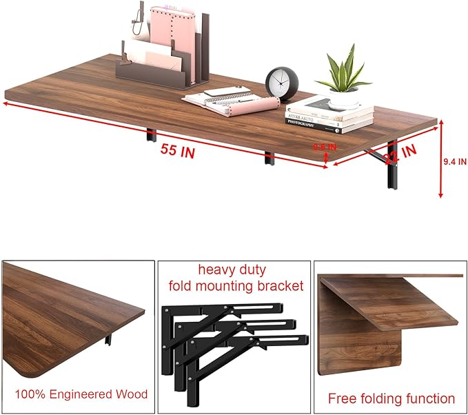 IAE 55" x 22" Floating Foldable Desk,Wall-Mounted Folding Computer Table with Engineered Wood,Study Table with Shelf Brackets,Fold Down Shelf,Fold Computer Desk for Small Spaces,Holds 500 lb,Walnut