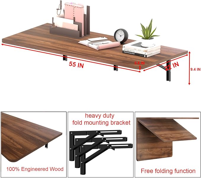 IAE 48" x 22" Floating Foldable Desk,Wall-Mounted Folding Computer Table with Engineered Wood,Study Table with Shelf Brackets,Fold Down Shelf,Fold Computer Desk for Small Spaces,Holds 500 lb,Walnut