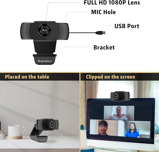 Septekon 1080P HD Webcam with Microphone, Streaming Computer Web Camera for Laptop/Desktop/Mac/TV, USB PC Cam for Video Calling, Conferencing, Gaming