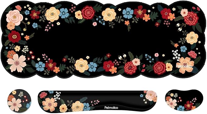 Petmolico Desk Pad Set with Wrist Rest for Keyboard & Mouse, Black Floral | Anti-slip PU base, durable Lycra & memory foam, relieves wrist fatigue, perfect for work, home & daily use
