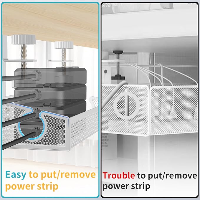 Under Desk Cable Management Tray White, No Drill Desk Cable Management Organizer with Clamp for Desk Wire Management, PC Cord Organizer Accessories & Workspace Organizers for Office, Home(2 Pack)