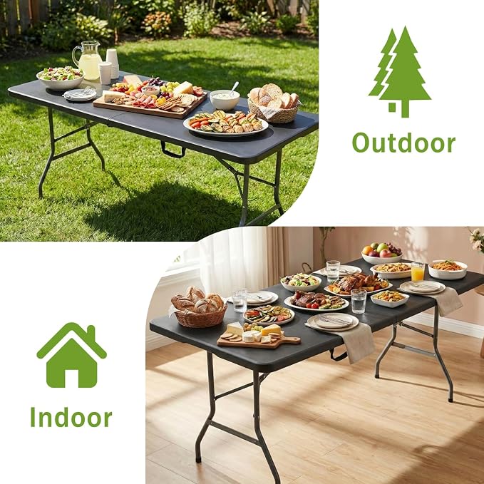 FDW 6FT Plastic Folding Table, Portable with Carrying Handle Perfect for Indoor, Outdoor, Party, Dining, Wedding, Events, Camping, Black