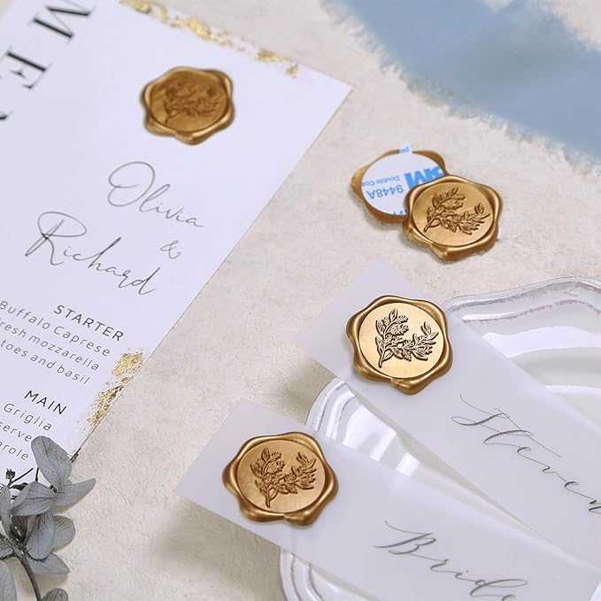 UNIQOOO Wax Seal Stickers - Eucalyptus Wedding Invitation Envelope Seal Stickers, 100 Pcs Self- Adhesive Antique Gold Stickers, Perfect for Invitation, Christmas, Gift Wrapping, Party
