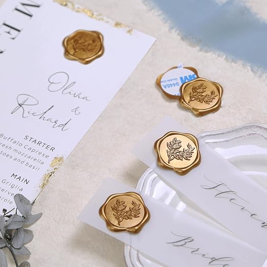 UNIQOOO Wax Seal Stickers - Eucalyptus Wedding Invitation Envelope Seal Stickers, 100 Pcs Self- Adhesive Antique Gold Stickers, Perfect for Invitation, Christmas, Gift Wrapping, Party