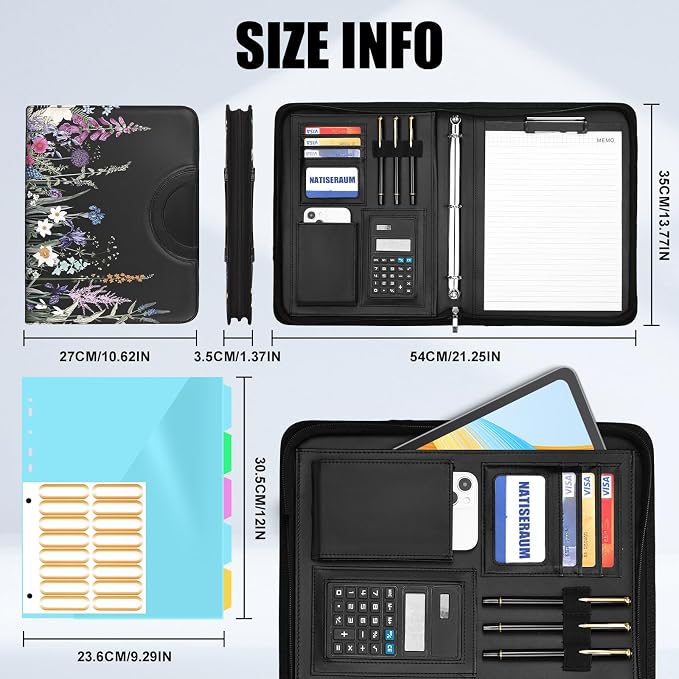 Portfolio Binder 3 Ring Includes Pen and 5 Dividers with 10 Pockets, Padfolio Organizer with Magnetic Handle for Men and Women, Includes A4 Notepad for Business, School, Work