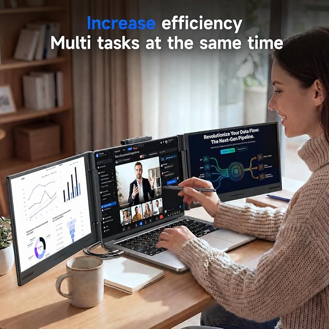 AOC 14" Laptop Screen Extender, Triple Portable Monitor for 13”-17.3" Laptops, 1080P FHD IPS Display, HDMI/USB-C Cable Plug-Play Laptop Monitor Extender for Mac/Windows (Black)