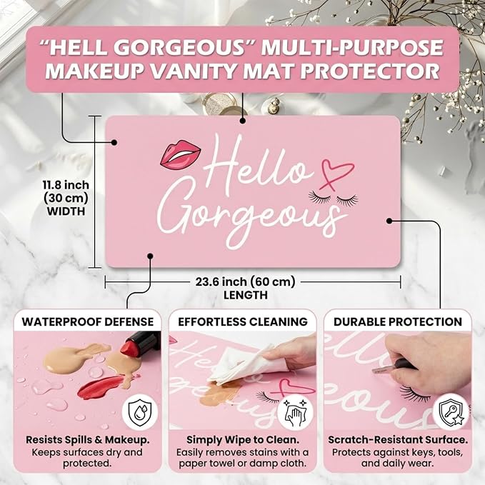 Makeup Mat for Vanity Top Protector, Dual-Sided Vanity Mat Waterproof Dressing Desk Makeup Table Cover Pad Hello Gorgeous (Baby Pink/Silver, 23.6"x11.8")