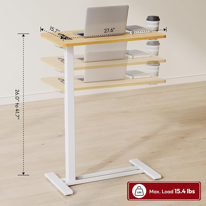 SANODESK 28''Mobile Standing Desk with Hidden Wheels,Pneumatic Laptop Desk | Sofa Computer Cart Movable Height Adjustable Table Small Sit Stand Desk for Home Office Hospital Use,27.6" W x 15.7" D,Maple
