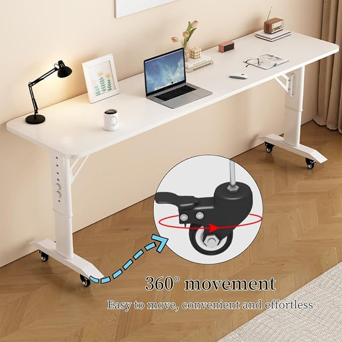 Over The Bed Table with Wheels for Easily Move Overbed Table Adjustable Height, Built-in Charging Port Standing Workstation Laptop Cart, Over Bed Table for Working Studying,White with Baffle