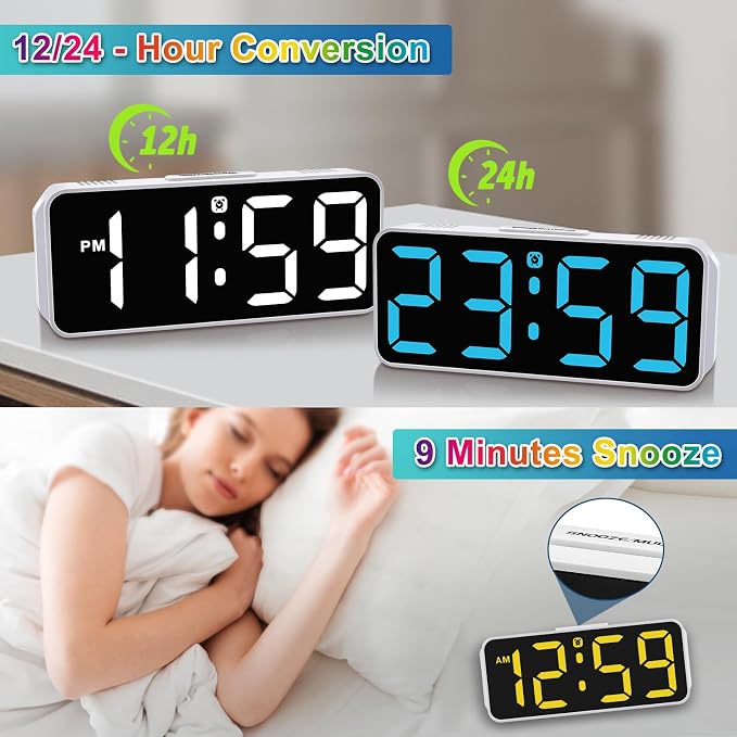 Peakeep Small Cute Digital Alarm Clock Plug in for Kids Bedroom Bedside | 8 Colorful Colors Large Display, Dimmable 6 Brightness, Corded Electric Battery Backup (White - RGB)