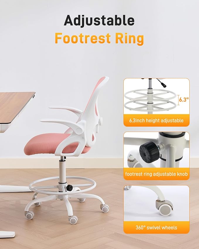 LukkDys Drafting Chair with Arms, Tall Office Chair for Standing Desks | Ergonomic lumbar pad, breathable mesh and foot ring support forward-leaning posture for sewing, crafts and daily studio work.