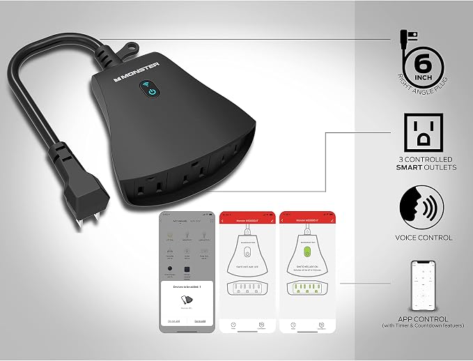 Monster Outdoor Smart Outlet Plug, 3-Outlet, Voice Control Compatible with Alexa and Google Assistant, Scheduling, Timer Control, Automation, Quick Setup via 2.4GHz Wi-Fi, Smart Outdoor Plug