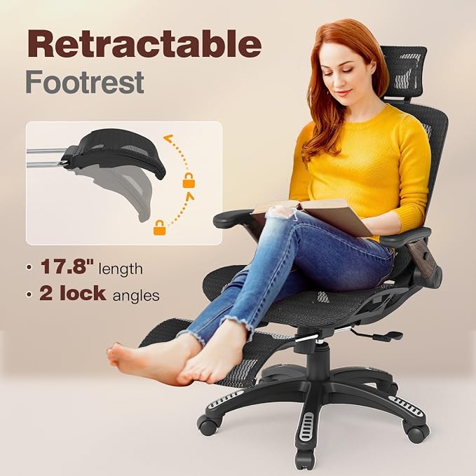 Ergonomic High-Back Office Chair with Footrest – Flip-Up Arms, 3D Headrest, 135° Recline, and Wide Mesh Seat with Lumbar Support. Rolling Swivel Task Chair for Gaming or Work, Sturdy, 300 LBS.