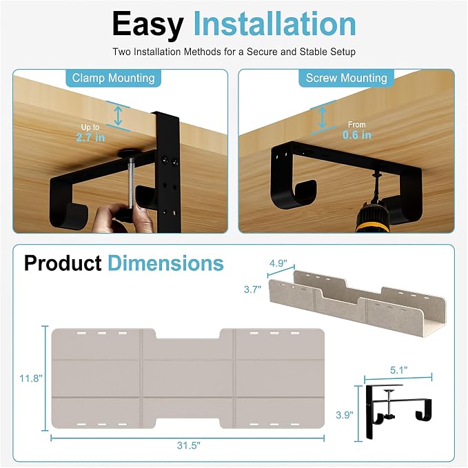 No-Drill Under Standing Desk Cable Management,31.5" L,Beige | Upgraded 0.25" Heavy-Duty Felt Cable Organizer,Desk Wire Management Tray with Clamp or Screw Mount, for Home Or Office