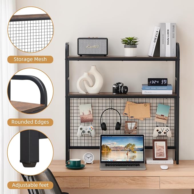 Desk Shelf, 36.8” Desktop Organizer Shelf with Grid Panel and Hooks, Desk Hutch for Computer Monitor, 2 Tier Desk Display Rack Wood Desktop Bookshelf Storage for Home Office Dorm