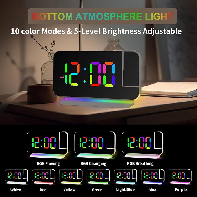 Projection Alarm Clock for Bedroom Ceiling,RGB Digital Clocks with 10 | Colors RGB Night Light,Loud Alarm Clock for Heavy Sleepers,USB C Charger Port,Snooze,12/24H,Auto Dimming