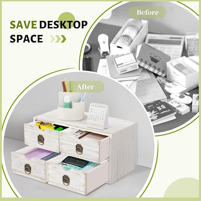 Wood Desk Organizer, White Wooden Desktop Organizer with Drawer, Tabletop Storage Organization Box for Countertop, Home Office Supplies Bills, 13.5x6.6x7.09 Inch(4 Drawer)