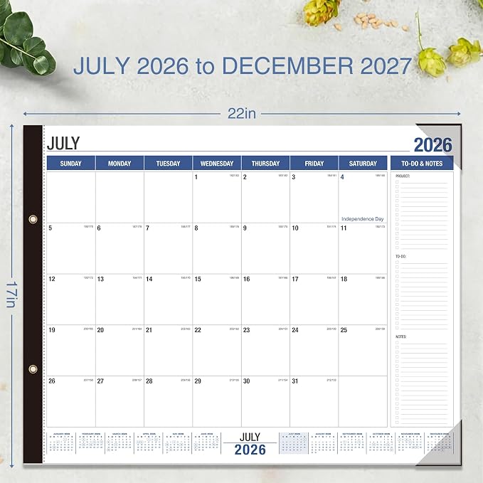 Desk Calendar 2026-2027 - 22" x 17", 18 Month Desk Calendar july 2026-2027 Dec, Large Monthly Desktop Calendar with Plastic Cover, Thick Paper, Corner Protectors - (2 Stickers Included)
