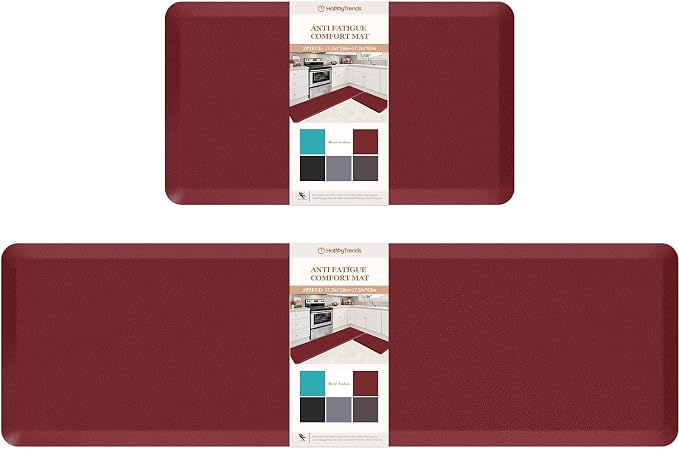 HappyTrends Kitchen Mat,17.3"x28"+17.3"x60" Red, Cushioned Comfort Anti-Fatigue Waterproof Floor Mat Kitchen Rugs, Thick Perfect Ergonomic Foam Standing mat for Kitchen, Home, Office, Laundry