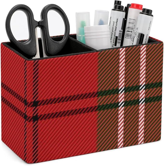 Red Green Tartan Plaid Pattern Scottish Cage PU Leather Pen Holder Desk Organizer, 2-Compartment Pencil Container for Office, Home, Vanity Use