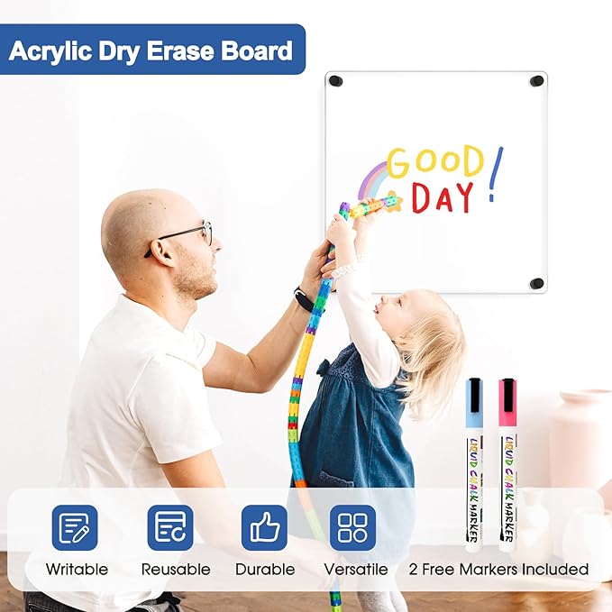 Clear Acrylic Dry Erase Board, 12" X 12" Non-Magnetic Frameless White Board for Wall, Clear Erasable Acrylic Board for Wall, Home, Office, School, 2 Markers