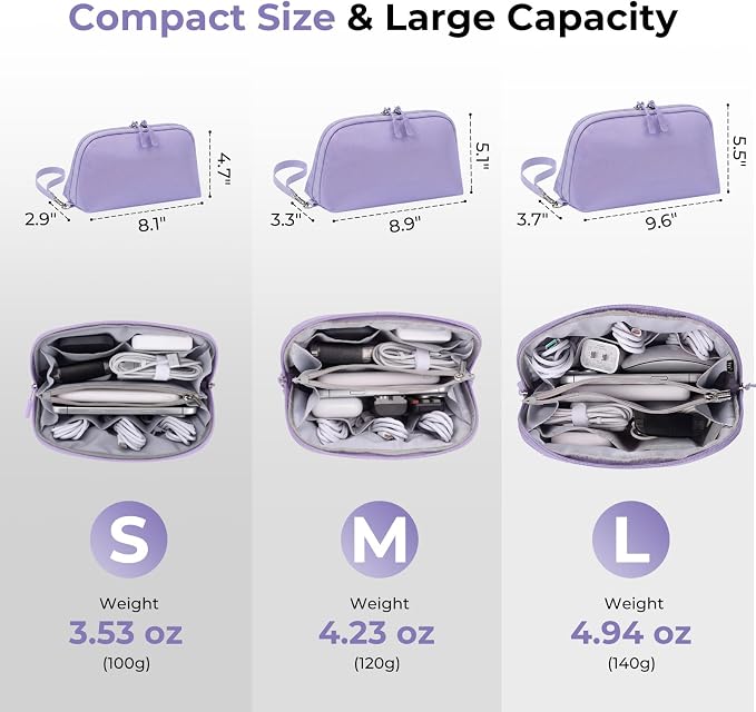 FYY Travel Cable Organizer - 8 Compartments Lightweight Water Resistant Tech Pouch with Wrist Strap, Electronic Accessories Case for Cord Charger Storage for Travel Home Office, Purple (Medium)