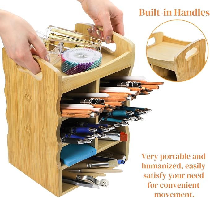 Bamboo Art Supply Organizer, 360° Rotating Pen Holder with Handle, Holds 400+ Pencils, 15 Compartments Desktop Storage Stationary Caddy for Colored Pencil, Pens, Art Brushes, Crayon