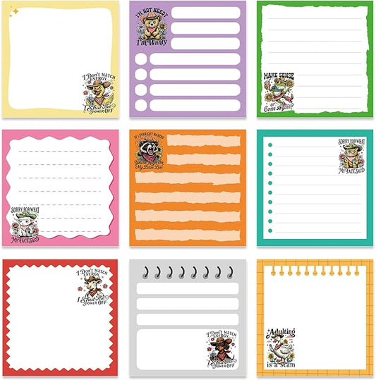 Funny Sticky Notes Gifts - 9 Pack Colorful Fun Animal Notepads Gag Gifts for Work 3x3 Inch, Sarcastic Animals Self-Adhesive Memo Pads Office Supplies for Coworkers (450 Sheets)