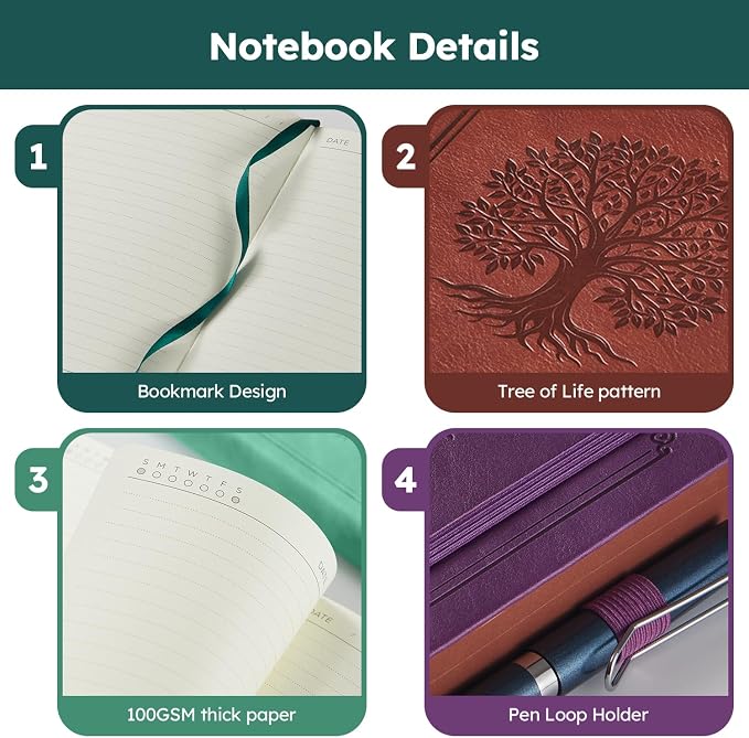 FOCUS DAY A5 Journal Notebook for Women Men, 320 Pages Lined Journaling Notebook with 100GSM Thick Paper, Hardcover Leather Note book for Work Writing Note Taking Diary, School, 5.7'' X 8.4'', Green