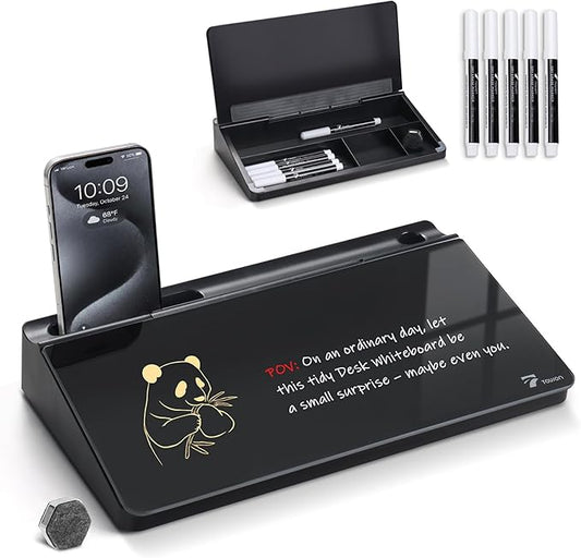 TOWON Small Compact Glass Desktop Whiteboard with Storage – 12 x 7 in Dry Erase Board for Desk, Home Office, School | Includes 5 Markers, Eraser & Holder | Space-Saving Organizer, Aesthetic Black