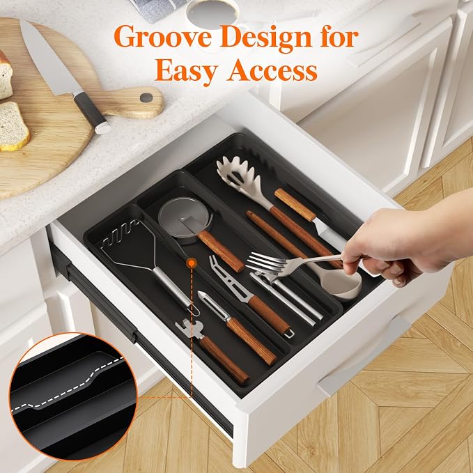 Lifewit Utensil Organizer for Kitchen Drawer, Expandable Cooking Silverware Tray, Adjustable Cutlery Flatware Holder, Plastic Spatula Tools Storage Divider, 14.4 x 15.8", Black