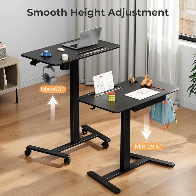 Mobile Standing Desk with Drawer, 35"×20" Small Desk, Black | Portable Laptop Workstation with Cup Holder and Hooks, Height Adjustable Rolling Desk with Wheels, Teacher Classroom Use