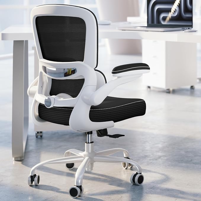TRALT Ergonomic Office Chair - Desk Chair with Adjustable Lumbar Support Computer Chair - Mesh Comfy Chair with Flip-up Armrests - Gaming Chairs for Adults Home Office (PU Leather, Black White)