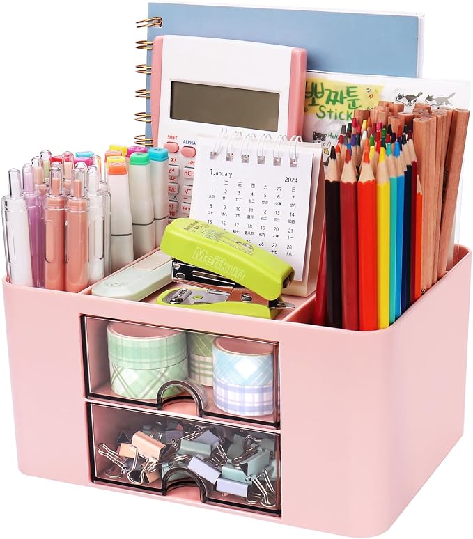 Meiikun Plastic Pen Organizer, Multifunctional Desk Organizer with 2 Drawers, 4 Compartments & a Top Tray, Pencil Holder Desktop Organizers and Accessories for Office, 7.7" x 5.5" x 3.9" (Pink)