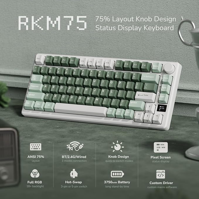 RK Royal KLUDGE M75 Wireless Mechanical Keyboard 2.4Ghz/BT5.1/USB-C Gaming Keyboard 75% Layout 81 Keys Gasket Mount with OLED Display & Knob RGB Backlight Hot-Swappable Cream Switch, Green