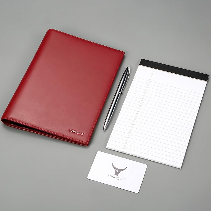 HISCOW Slim Leather Junior Padfolio, 5x8 Notepad Cover, Bordeaux | Italian full-grain cowhide, top-loading legal pad holder, rigid pen loop, quick-access card slot, zipperless boardroom design