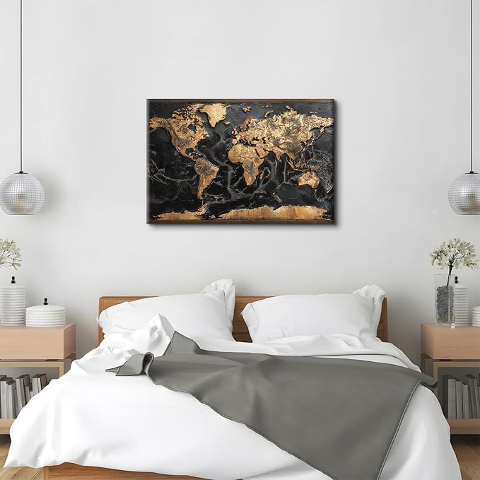 Large Canvas Wall Art World Map for Office Wall Decorations Black and Gold Map of The World Picture Prints Abstract Golden Luxury World Maps Painting Poster Artwork Boys Men Bedroom Home Decor 32x48"