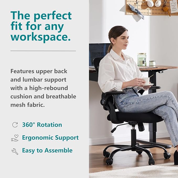 Sweetcrispy Home Office Managerial Executive Chair, Ergonomic Mesh Adjustable Swivel Mid-Back Chair with Comfortable Lumbar Support, Comfy Arms for Bedroom,Study,Student